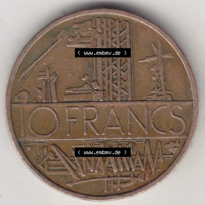 Münze Frankreich 1974-1987, 10 Franken-Francs 1976. Vorderseite der alten französischen Umlaufmünze aus Frankreich in der Francs-Währung zum katalogisieren und verwalten... Sammlung
