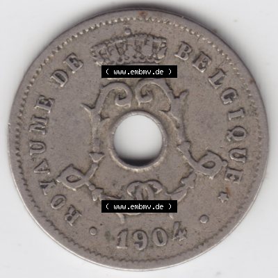 Münzen Belgien Umlaufmünze 1904-1907, 5 Ces, Centimes Koninkrijk Belgie. Rückseite der alten belgischen Francs Umlaufmünze aus Belgien vor Einführung der Euromünzen... Sammlung