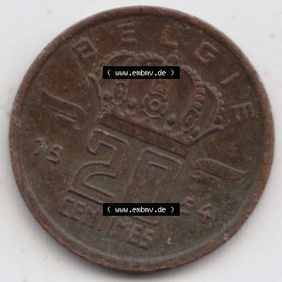 Münzen Belgien Umlaufmünze 1954, 1960, 20 Centimes Belgie. Vorderseite der alten belgischen Francs Umlaufmünze aus Belgien vor Einführung der Euromünzen in Belgien... Sammlung