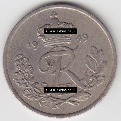 Münzen Dänemark Umlaufmünze 1948-1955, 25 Öre 1949 Kursmünze. Rückseite der alten dänischen Umlaufmünze aus Dänemark zum katalogisieren und verwalten... Sammlung