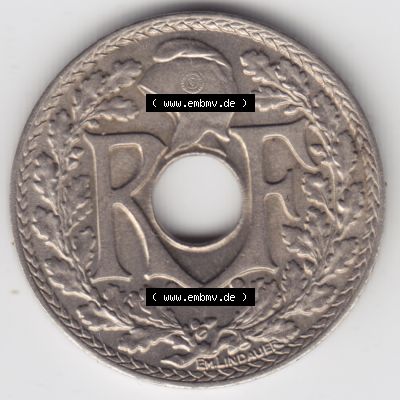 Münze Frankreich 1938-1939, 10 Centimes, Cent 1939. Rückseite der alten französischen Umlaufmünze 10 Cmes - Centimes - Cent aus Frankreich in der Francs-Währung... Sammlung