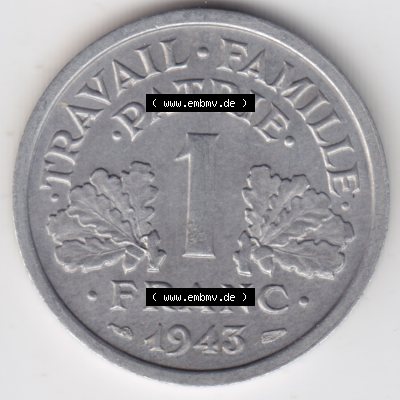 Münze Frankreich 1942-1944, 1 Franc, Franken 1943. Vorderseite der alten französischen Umlaufmünze aus Frankreich in der Francs-Währung zum katalogisieren und verwalten... Sammlung