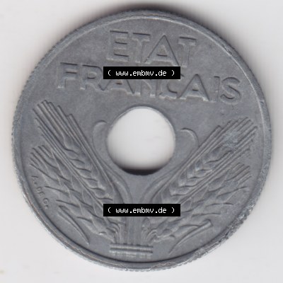 Münze Frankreich 1941-1943, 10 Centimes, Etat Francais 1943. Rückseite der alten französischen Umlaufmünze 10 Cmes - Centimes - Cent aus Frankreich in der Francs-Währung... Sammlung