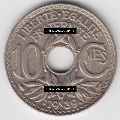 Münze Frankreich 1938-1939, 10 Centimes, Cent 1939. Vorderseite der alten französischen Umlaufmünze 10 Cmes - Centimes - Cent aus Frankreich in der Francs-Währung... Sammlung