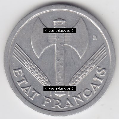 Münze Frankreich 1943-1944, 2 Francs, Franken 1943. Rückseite der alten französischen Umlaufmünze aus Frankreich in der Francs-Währung zum katalogisieren und... Sammlung