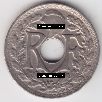 Münze Frankreich 1917-1938, 10 Centimes, Cent 1933. Rückseite der alten französischen Umlaufmünze 10 Cmes - Centimes - Cent aus Frankreich in der Francs-Währung... Sammlung