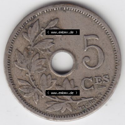 Münzen Belgien Umlaufmünze 1904-1907, 5 Ces, Centimes Koninkrijk Belgie. Vorderseite der alten belgischen Francs Umlaufmünze aus Belgien vor Einführung der Euromünzen... Sammlung