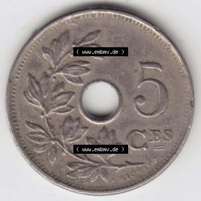 Münzen Belgien Umlaufmünze 1910-1932, 5 Ces, Centimes Koninkrijk Belgie. Vorderseite der alten belgischen Francs Umlaufmünze aus Belgien vor Einführung der Euromünzen... Sammlung