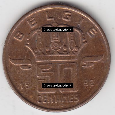 Münzen Belgien Umlaufmünze 1958-2001, 50 Centines 1992 Belgie. Vorderseite der alten belgischen Francs Umlaufmünze aus Belgien vor Einführung der Euromünzen in Belgien... Sammlung