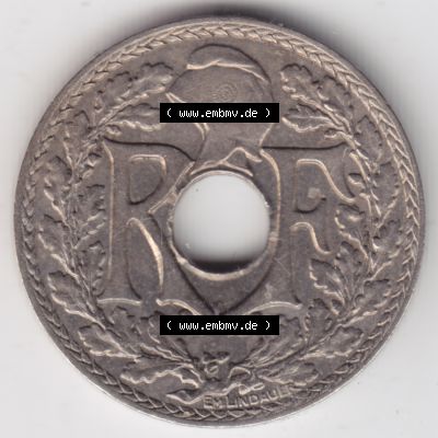 Münze Frankreich 1917-1938, 10 Centimes, Cent 1936. Rückseite der alten französischen Umlaufmünze 10 Cmes - Centimes - Cent aus Frankreich in der Francs-Währung... Sammlung