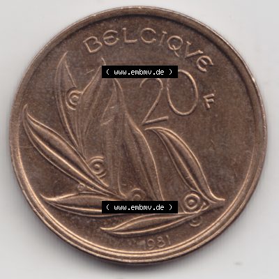 Münzen Belgien Umlaufmünze 1980-1993, 20 Francs 1981 Belgiqve. Vorderseite der alten belgischen Francs Umlaufmünze aus Belgien vor Einführung der Euromünzen in Belgien... Sammlung