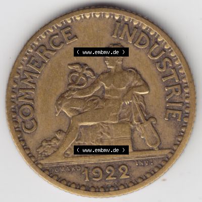 Münze Frankreich 1920-1927, 1 Francs, Franken 1922. Rückseite der alten französischen Umlaufmünze aus Frankreich in der Francs-Währung zum katalogisieren und... Sammlung