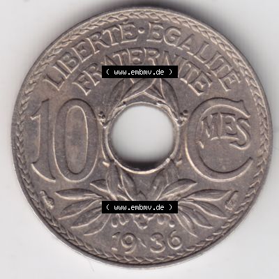 Münze Frankreich 1917-1938, 10 Centimes, Cent 1936. Vorderseite der alten französischen Umlaufmünze 10 Cmes - Centimes - Cent aus Frankreich in der Francs-Währung... Sammlung