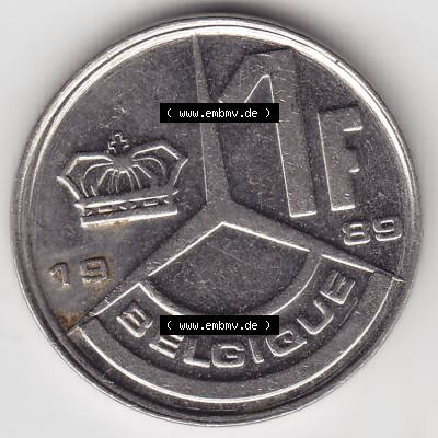 Münzen Belgien Umlaufmünze 1989-1993, 1 Franc 1989 Belgique. Vorderseite der alten belgischen Francs Umlaufmünze aus Belgien vor Einführung der Euromünzen in Belgien... Sammlung