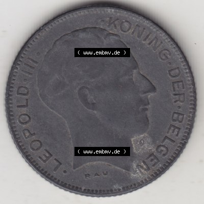 Münzen Belgien Umlaufmünze 1941-1946, 5 Franken 1941, Der Belgen. Rückseite der alten belgischen Francs Umlaufmünze aus Belgien vor Einführung der Euromünzen... Sammlung