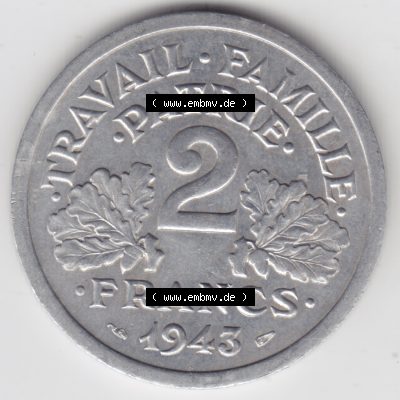 Münze Frankreich 1943-1944, 2 Francs, Franken 1943. Vorderseite der alten französischen Umlaufmünze aus Frankreich in der Francs-Währung zum katalogisieren und verwalten... Sammlung