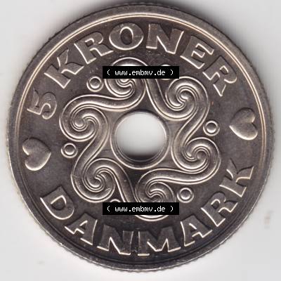 Münzen Dänemark Umlaufmünze 2013, 5 Kroner, Kronen. Vorderseite der alten dänischen Umlaufmünze aus Dänemark zum katalogisieren und verwalten im Münzen-Katalog... Sammlung