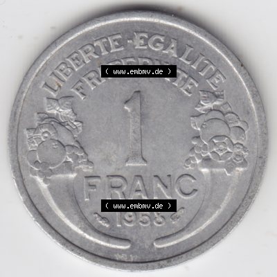 Münze Frankreich 1941-1959, 1 Francs, Franken 1958. Vorderseite der alten französischen Umlaufmünze aus Frankreich in der Francs-Währung zum katalogisieren und verwalten... Sammlung