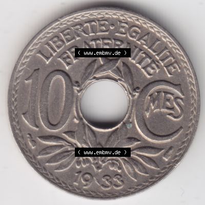 Münze Frankreich 1917-1938, 10 Centimes, Cent 1933. Vorderseite der alten französischen Umlaufmünze 10 Cmes - Centimes - Cent aus Frankreich in der Francs-Währung... Sammlung