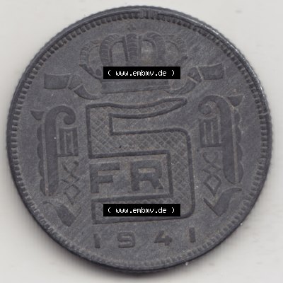 Münzen Belgien Umlaufmünze 1941-1946, 5 Franken 1941, Der Belgen. Vorderseite der alten belgischen Francs Umlaufmünze aus Belgien vor Einführung der Euromünzen... Sammlung