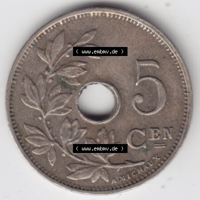 Münzen Belgien Umlaufmünze 1910-1931, 5 Cen, Centimes Koninkrijk Belgie. Vorderseite der alten belgischen Francs Umlaufmünze aus Belgien vor Einführung der Euromünzen... Sammlung