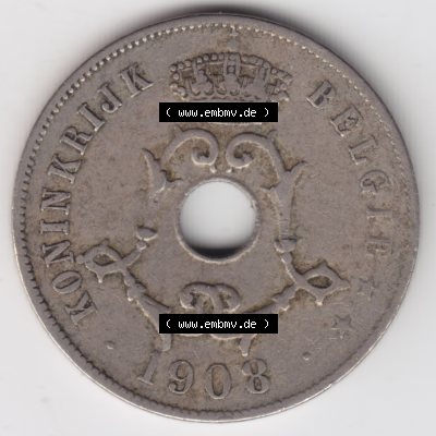 Münzen Belgien Umlaufmünze 1908-1909, 25 Cen, Centimes Koninkrijk Belgie. Rückseite der alten belgischen Francs Umlaufmünze aus Belgien vor Einführung der Euromünzen... Sammlung