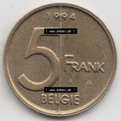 Münzen Belgien Umlaufmünze 1994-2001, 5 Francs 1994 Belgie. Vorderseite der alten belgischen Francs Umlaufmünze aus Belgien vor Einführung der Euromünzen in Belgien... Sammlung