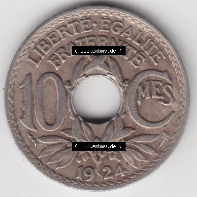 Münze Frankreich 1917-1938, 10 Centimes, Cent 1924. Vorderseite der alten französischen Umlaufmünze 10 Cmes - Centimes - Cent aus Frankreich in der Francs-Währung... Sammlung