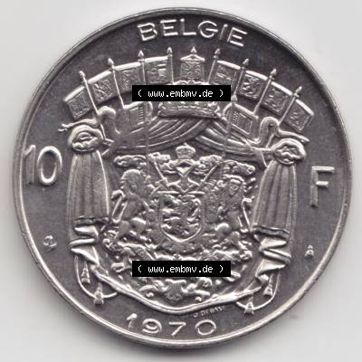 Münzen Belgien Umlaufmünze 1969-1979, 10 Francs 1970 Belgie. Vorderseite der alten belgischen Francs Umlaufmünze aus Belgien vor Einführung der Euromünzen in Belgien... Sammlung