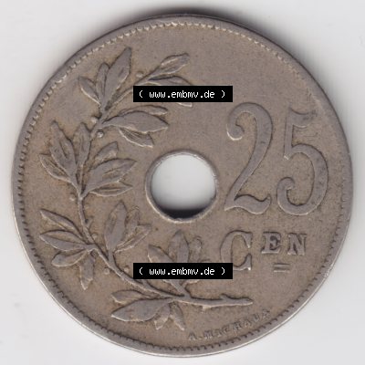 Münzen Belgien Umlaufmünze 1908-1909, 25 Cen, Centimes Koninkrijk Belgie. Vorderseite der alten belgischen Francs Umlaufmünze aus Belgien vor Einführung der Euromünzen... Sammlung