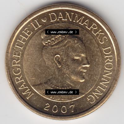 Münzen Dänemark Umlaufmünze 2007, 20 Kroner, Kronen. Rückseite der alten dänischen Umlaufmünze aus Dänemark zum katalogisieren und verwalten im Münzen-Katalog... Sammlung