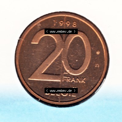Münzen Belgien Umlaufmünze Münzsatz Sabena 1998, 20 Frank. Vorderseite der alten belgischen Francs Umlaufmünze aus Belgien vor Einführung der Euromünzen in Belgien... Sammlung