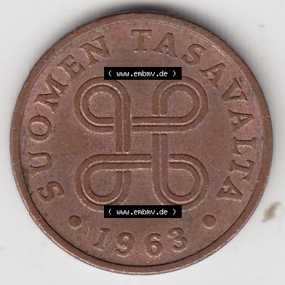 Münzen Finnland, SUOMI Umlaufmünze 1963-1969, 1 Penni 1963. Rückseite der alten finnischen Umlaufmünze aus Finnland SUOMI zum katalogisieren und verwalten im Münzen-Katalog... Sammlung