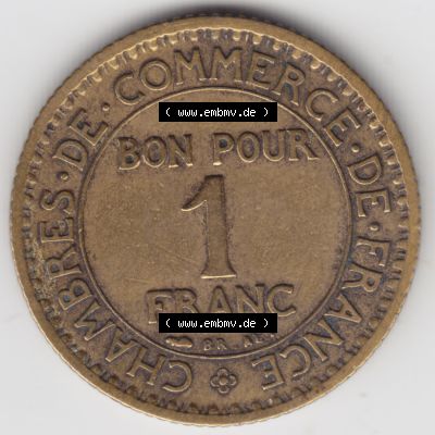 Münze Frankreich 1920-1927, 1 Francs, Franken 1922. Vorderseite der alten französischen Umlaufmünze aus Frankreich in der Francs-Währung zum katalogisieren und verwalten... Sammlung