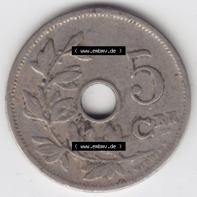 Münzen Belgien Umlaufmünze 1904-1907, 5 Cen, Centimes Koninkrijk Belgie. Vorderseite der alten belgischen Francs Umlaufmünze aus Belgien vor Einführung der Euromünzen... Sammlung