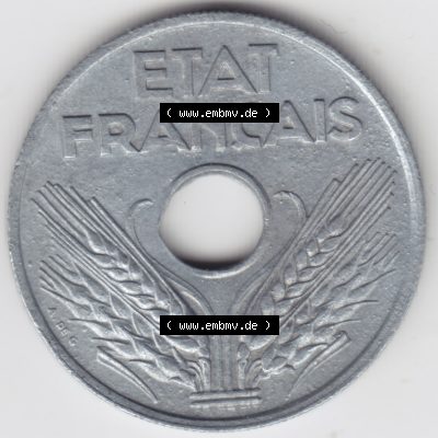Münze Frankreich 1941-1944, 20 Centimes, Cent 1943. Rückseite der alten französischen Umlaufmünze aus Frankreich in der Francs-Währung zum katalogisieren und... Sammlung