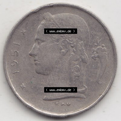 Münzen Belgien Umlaufmünze 1950-1988, 1 Francs-Franken 1951 Belgie. Rückseite der alten belgischen Francs Umlaufmünze aus Belgien vor Einführung der Euromünzen... Sammlung
