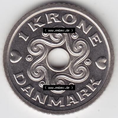 Münzen Dänemark Umlaufmünze 2006, 1 Krone. Vorderseite der alten dänischen Umlaufmünze aus Dänemark zum katalogisieren und verwalten im Münzen-Katalog Dänemark... Sammlung