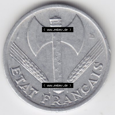 Münze Frankreich 1942-1944, 50 Centimes, Cent 1942. Rückseite der alten französischen Umlaufmünze aus Frankreich in der Francs-Währung zum katalogisieren und... Sammlung