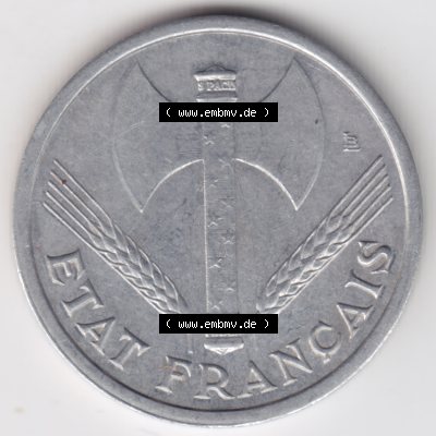 Münze Frankreich 1942-1944, 1 Franc, Franken 1943. Rückseite der alten französischen Umlaufmünze aus Frankreich in der Francs-Währung zum katalogisieren und... Sammlung
