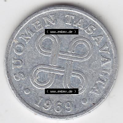 Münzen Finnland, SUOMI Umlaufmünze 1969-1979, 1 Penni 1969. Rückseite der alten finnischen Umlaufmünze aus Finnland SUOMI zum katalogisieren und verwalten im Münzen-Katalog... Sammlung
