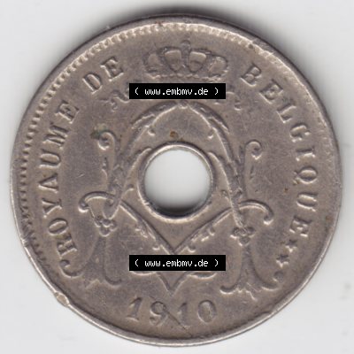 Münzen Belgien Umlaufmünze 1910-1932, 5 Ces, Centimes Koninkrijk Belgie. Rückseite der alten belgischen Francs Umlaufmünze aus Belgien vor Einführung der Euromünzen... Sammlung