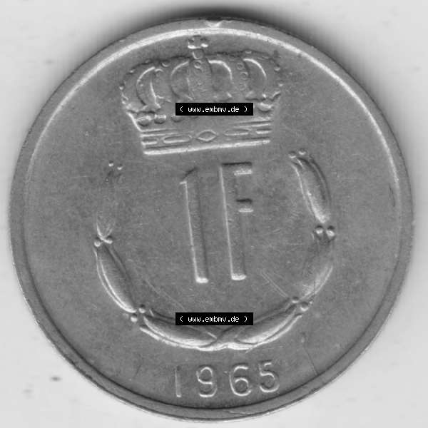 Grau bzw. s/w Münzen Luxemburg Umlaufmünze 1965-1984, 1 Franken - Francs 1965, Bild mit Vorderseite der Münze als Bildmaterial Sammlung Graustufen
