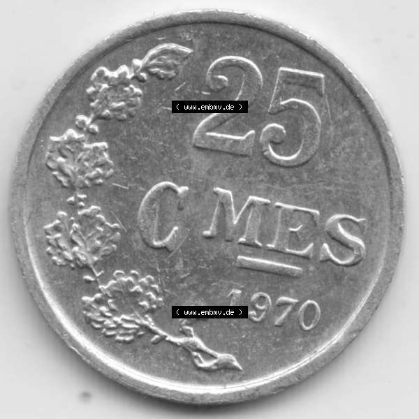 Grau bzw. s/w Münzen Luxemburg Umlaufmünze 1954-1972, 25 Centimes, Bild mit Vorderseite der Münze als Bildmaterial Sammlung Graustufen