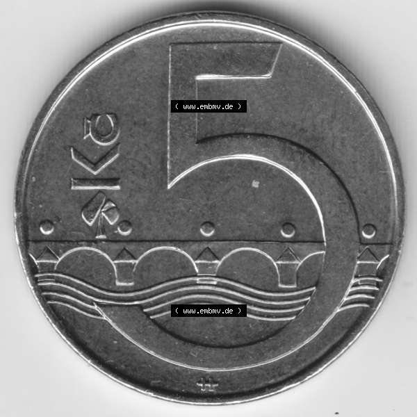 Grau bzw. s/w Münzen Tschechien Umlaufmünze 1993-2013, 5 Kc, 5 Kronen. Rückseite der Münze aus Tschechien als Bildmaterial für Sammler und Münzen-Webseiten hier im online... Sammlung Graustufen