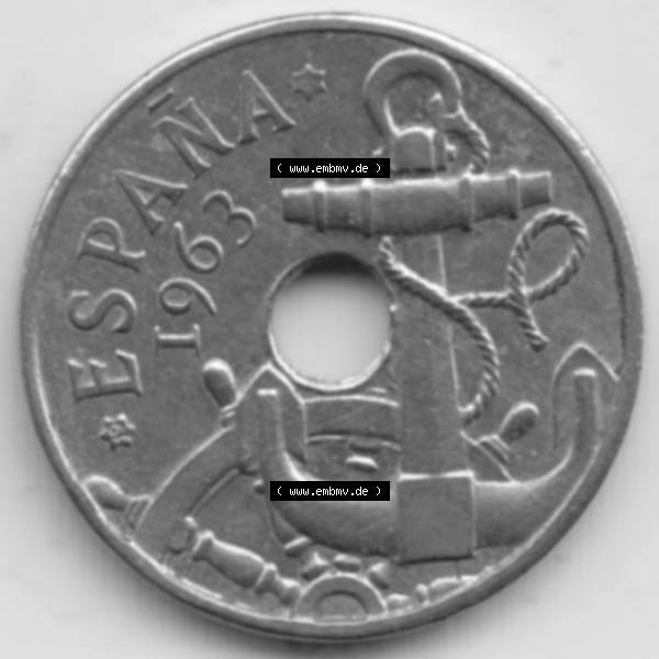 Grau bzw. s/w Münzen Spanien Umlaufmünze 1949-1963, 50 Centimos 1963. Rückseite der spanischen Umlaufmünze aus Spanien vor der Euro-Einführung in Spanien zum katalogisieren im spanischen... Sammlung Graustufen