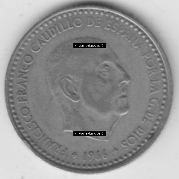 Grau bzw. s/w Münzen Spanien Umlaufmünze 1966-1966, 1 Pesete. Rückseite der spanischen Umlaufmünze aus Spanien vor der Euro-Einführung in Spanien zum katalogisieren im spanischen... Sammlung Graustufen