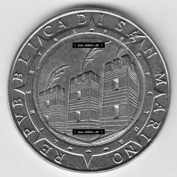 Grau bzw. s/w Münzen San Marino Gedenkmünze 1992-1992, 500 Lire Columbus. Wappen der 500 Lire Gedenkmünzen von San Marino Eurovorläufer als Bildmaterial im online Katalog und Datenbank... Sammlung Graustufen