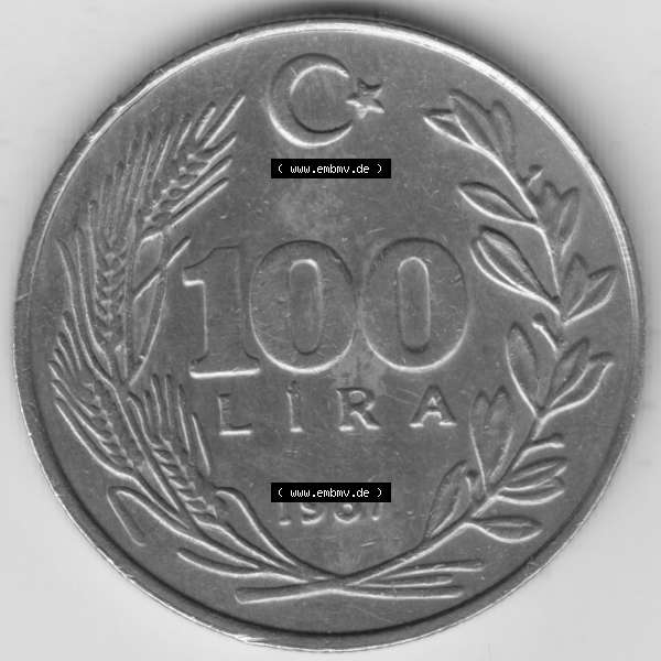 Grau bzw. s/w Münzen Türkei Umlaufmünze 1984-1988, 100 Lira - Lire. Vorderseite der Münze der Türkei als Bildmaterial für Sammler und Münzen-Webseiten hier im online Katalog... Sammlung Graustufen