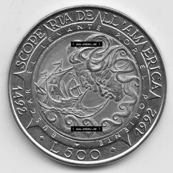 Grau bzw. s/w Münzen San Marino Gedenkmünze 1992-1992, 500 Lire Columbus. 500 Lire Gedenkmünzen von San Marino Eurovorläufer als Bildmaterial im online Katalog und Datenbank erhältlich. Sammlung Graustufen